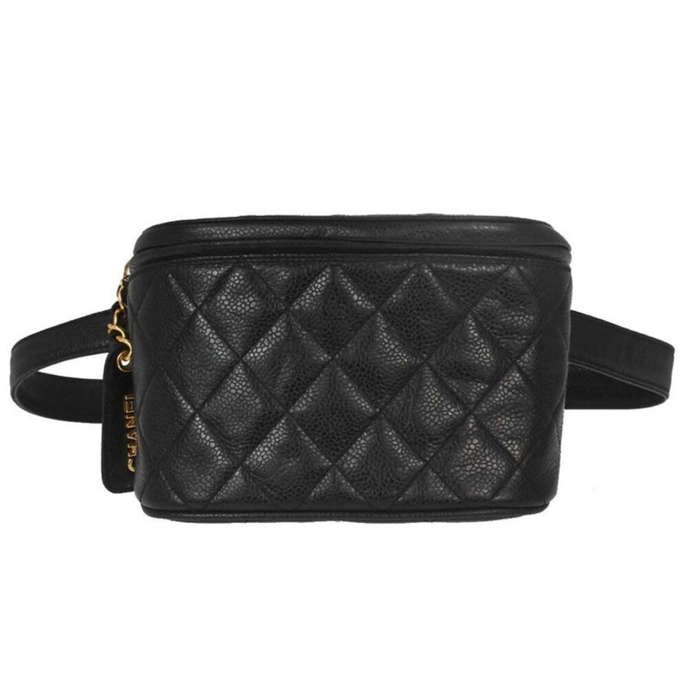 Chanel Vintage Zip Belt Quilted Caviar Black Leather Shoulder Bag Bag
